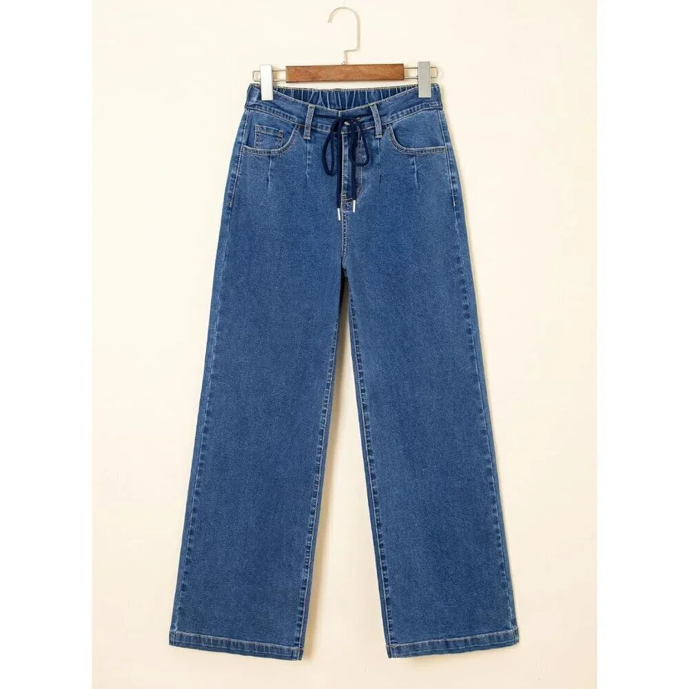 Women's Wide Leg High Waist Drawstring Jeans Stretchy Baggy Casual Pant